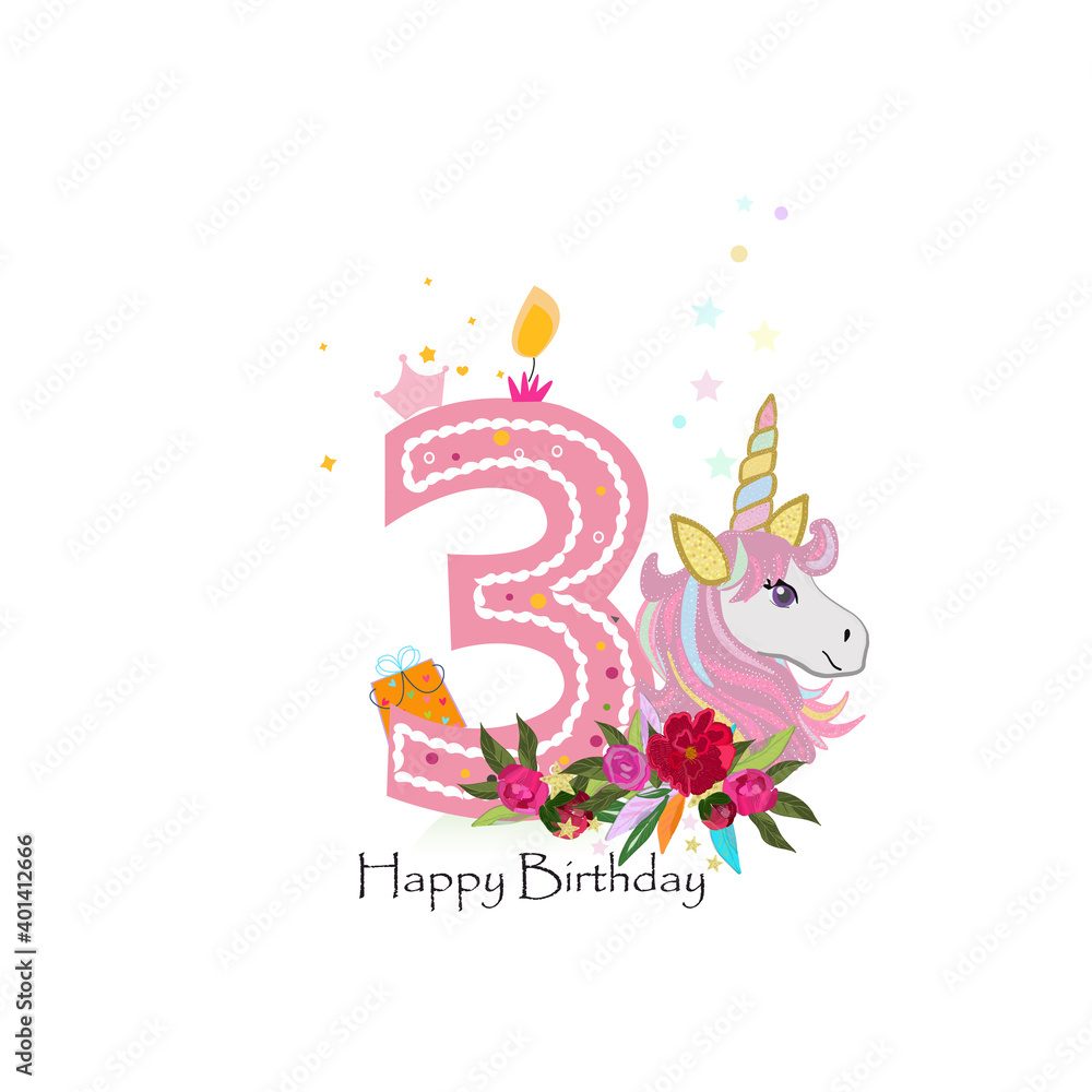 Happy third birthday candle with magical unicorn horse with roses baby girl greeting card vector
