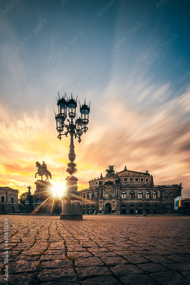 The Semper opera in Dresden is a famous historical building for music. Concert building in the evening in sunset. A highlight in Germany and a place to be