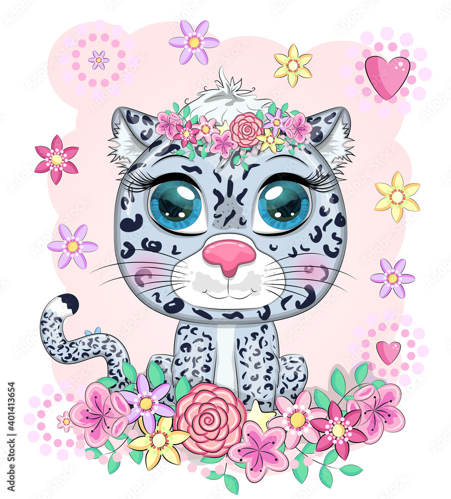 Cartoon snow leopard with expressive eyes. Wild animals, character, childish cute style.