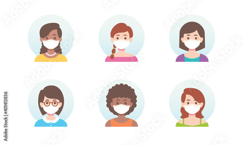 Coronavirus covid 19 prevention people character avatar wearing white medical face mask new normal global pandemic situation flat vector illustration