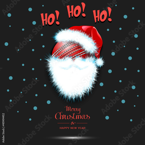 Merry Christmas and Happy New Year. Santa in the form of a cricket ball. Cricket ball with beard and santa hat. Greeting card design template with for new year. Vector illustration