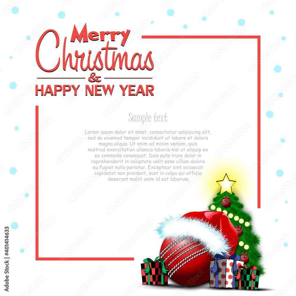 Merry Christmas and Happy New Year. Frame with cricket ball, Christmas tree and gift boxes. Greeting card design template with for new year. Vector illustration Merry Christmas and Happy New Year. Frame with cricket ball, Christmas tree and gift boxes. Greeting card design template with for new year. Vector illustration