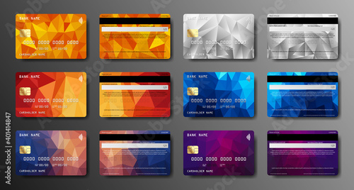Credit card set. Debit card front and back side view. Money, payment symbol.