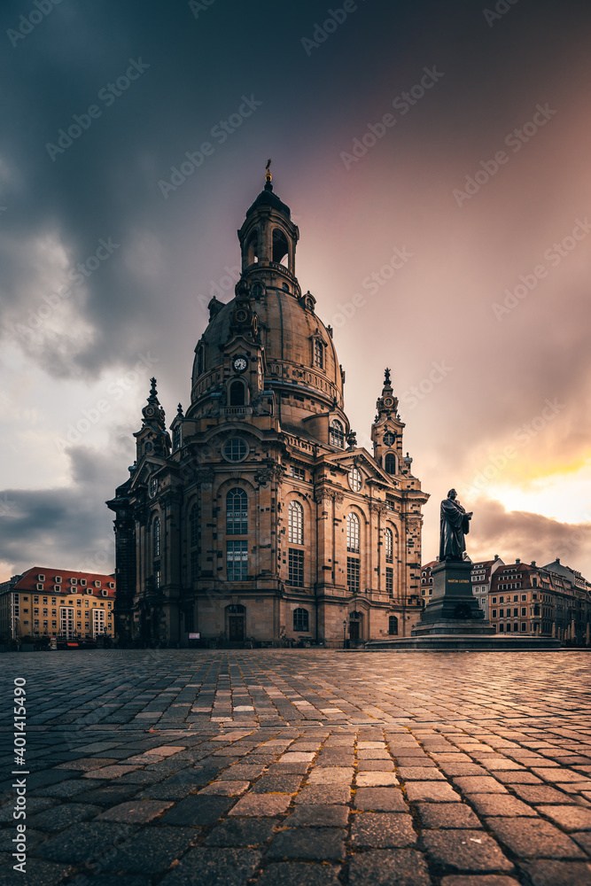 Sunrise at the Dresden Frauenkirche. Neumarkt in Germany. Well-known building, tourist magnet. Church and religion perfectly restored