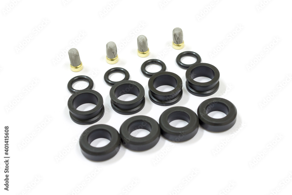 Fuel injector overhaul part on white background, Isolated, Car maintenance service. Fuel injector overhaul part on white background, Isolated, Car maintenance service.