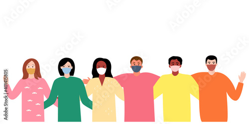 
Modern cartoon greeting card with multiracial masked young people hugging on a white background. Flat vector. Happy hug day! World communication concept. Modern men and women together. International 