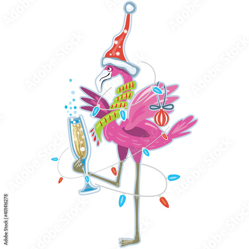 Cute flamingo with glasses of champagne