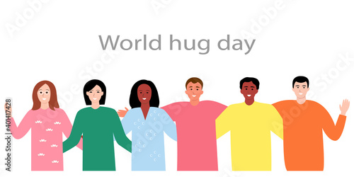 Modern cartoon greeting card with multiracial young people hugging over white background. Flat vector. Happy hug day! World communication concept. Modern men and women together. International