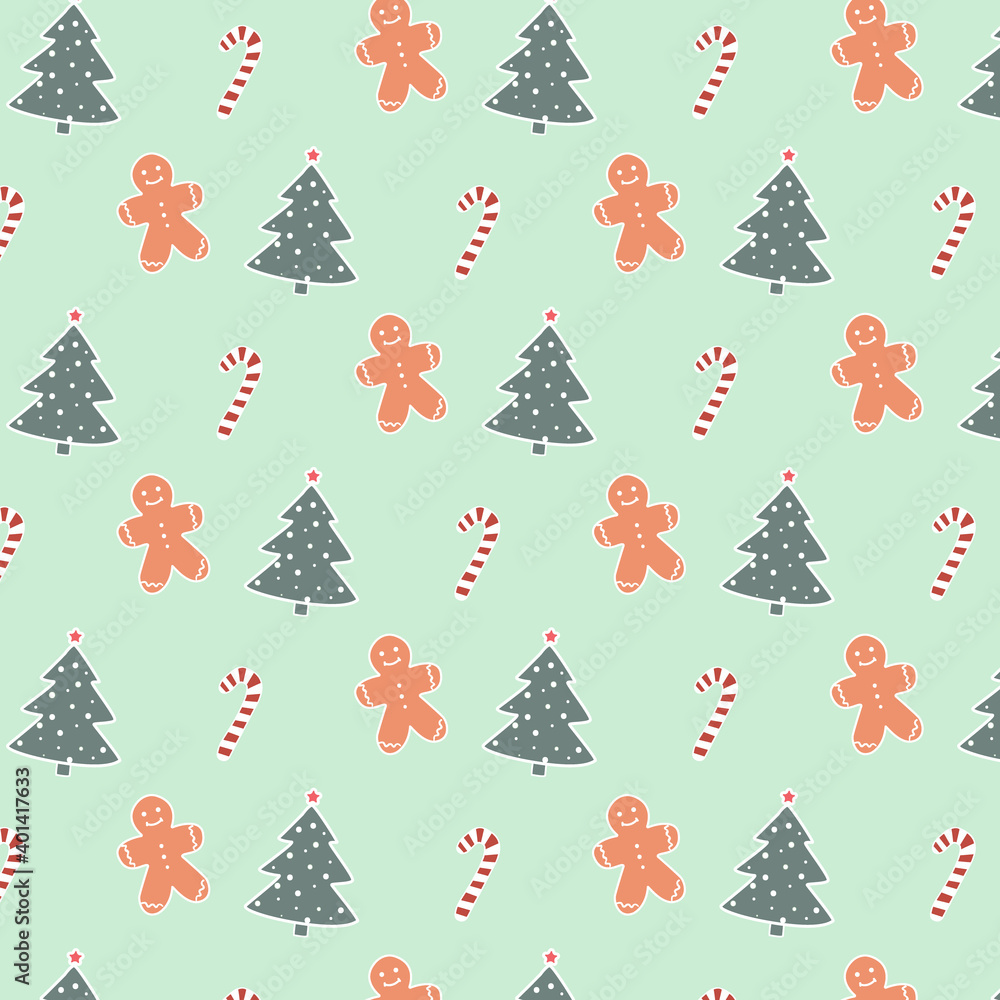 Christmas Seamless Pattern with Gingerbread and trees Christmas Seamless Pattern with Gingerbread and trees