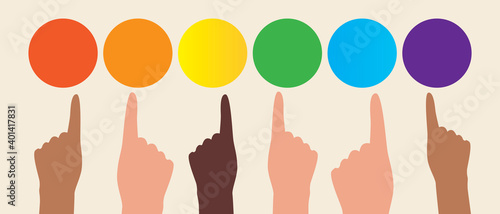Index finger pointing at color as a color matching and design concept, flat vector stock illustration with people choosing colors