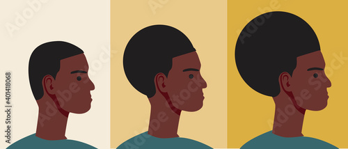 Curly african man isolated as concept of hair growth, progress, flat vector stock illustration