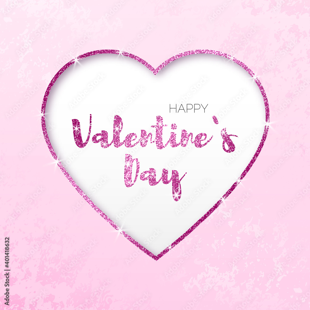 Cute valentines card with pink glittering heart