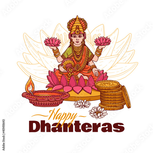 Vector festive card for Happy Dhanteras Diwali religious celebration © sabelskaya