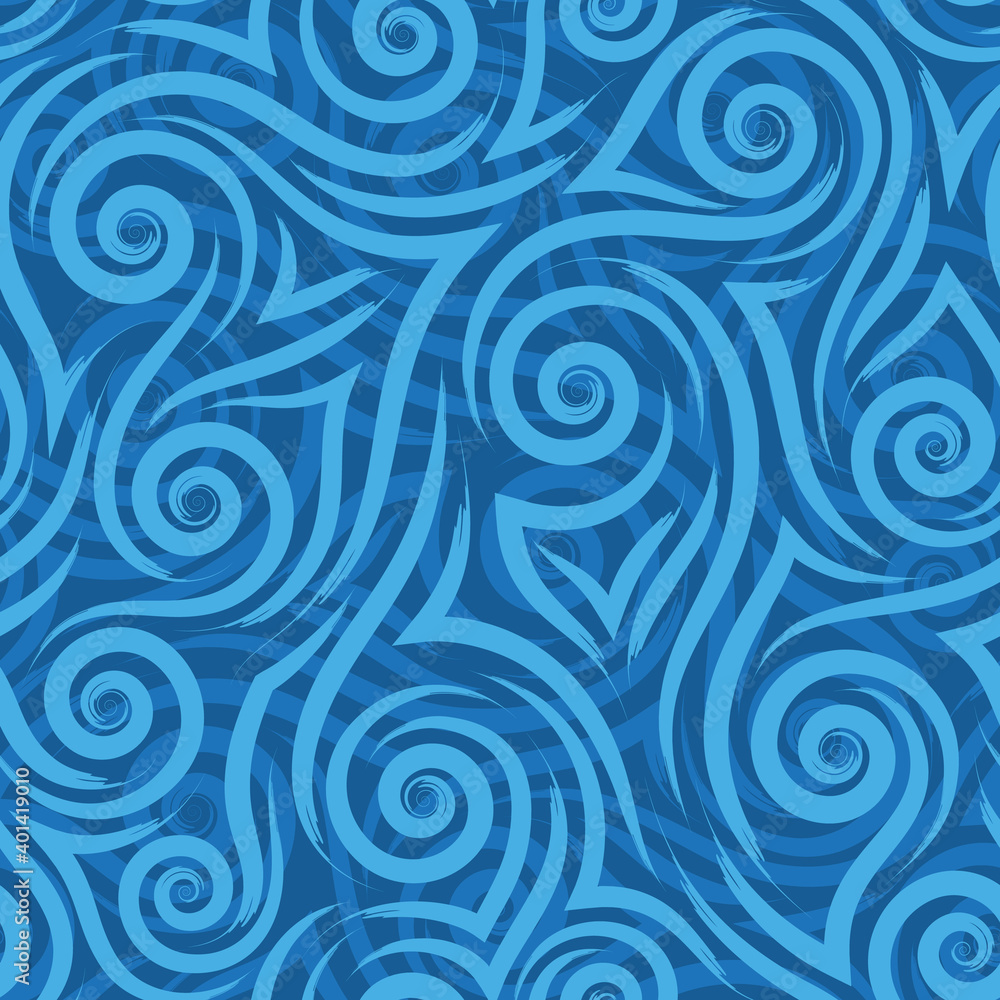 blue graceful flowing lines corners and spirals on a blue background vector seamless pattern.Abstract wave texture or swirl vintage ornament.