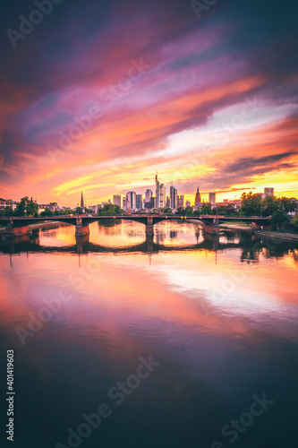 The Main with the Frankfurt skyline in the evening  at sunset. Nice overview of the city and its surroundings. in a special shade