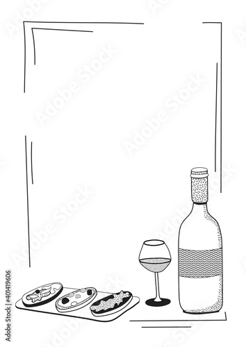 Doodle cartoon black and white vector illustration. A still life or set with bottle and glass of wine, Italian bread. Bar restaurant menu. ads, poster or card. A4 frame with copy space for text.