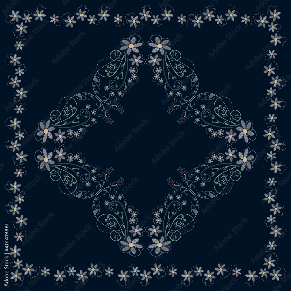Vector elegant floral pattern for shawl, hijab, tablecloth design. A dark background, small decorative flowers with a border around the edge, leaves with curly stems and flowers in the center square Vector elegant floral pattern for shawl, hijab, tablecloth design. A dark background, small decorative flowers with a border around the edge, leaves with curly stems and flowers in the center square