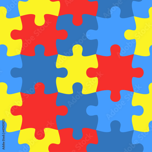 Colorful jigsaw. Seamless puzzle pattern. Autism background. World autism awareness day. Childish design template. Vector Illustration. EPS10. Design for fabric, wallpaper, textile and decor.