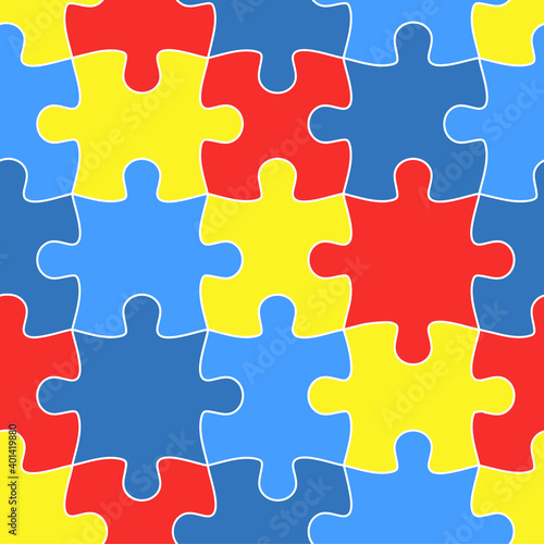 Colorful jigsaw. Seamless puzzle pattern. Autism background. World autism awareness day. Childish design template. Vector Illustration. EPS10. Design for fabric, wallpaper, textile and decor.