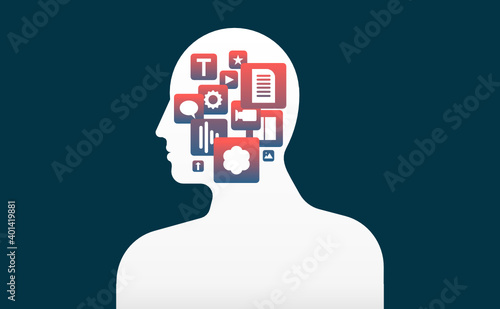 Human outline full with many application icons. Software abundance illustration. 