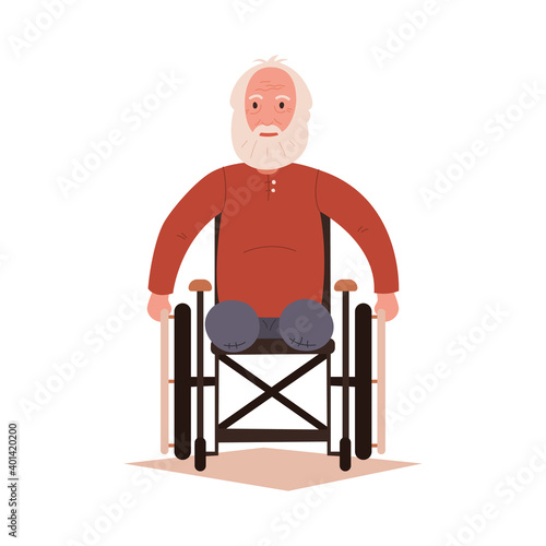 An old man in a wheelchair. Vector illustration on a white isolated background.