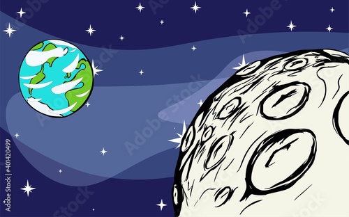 Vector illustration of moon and earth in outer space on stars background