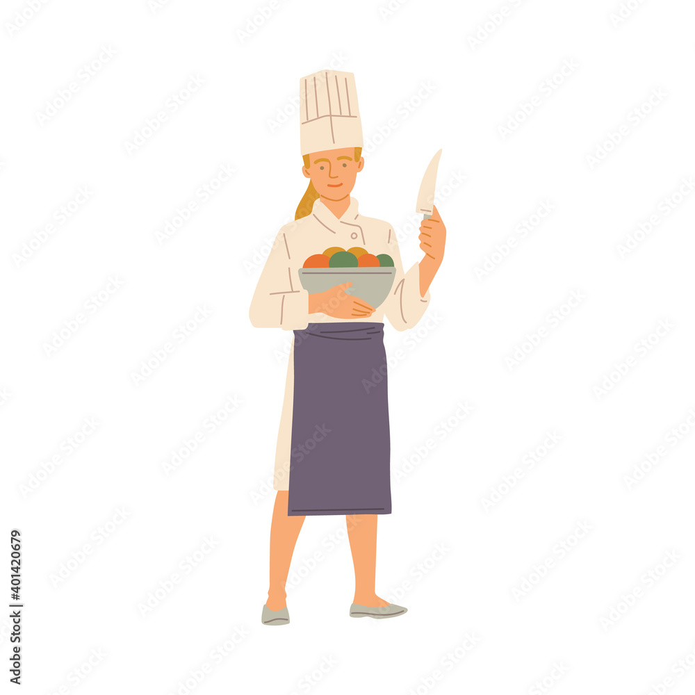 Woman chef cook with bowl of vegetables flat vector illustration isolated. Woman chef cook with bowl of vegetables flat vector illustration isolated.