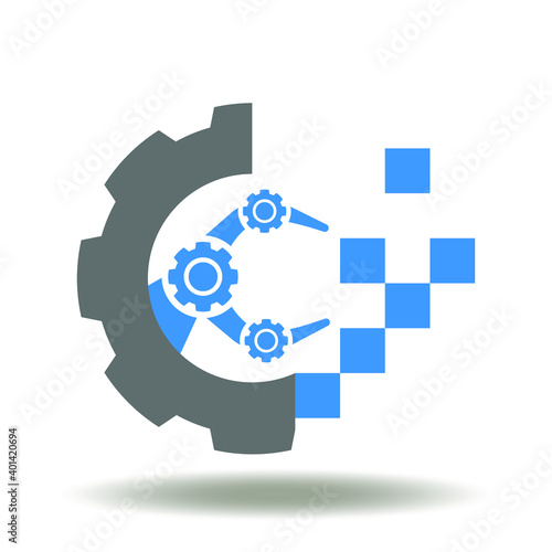 Transformed cog wheel in cubes with robotic arm vector icon. Digital Industrial Transformation Symbol.