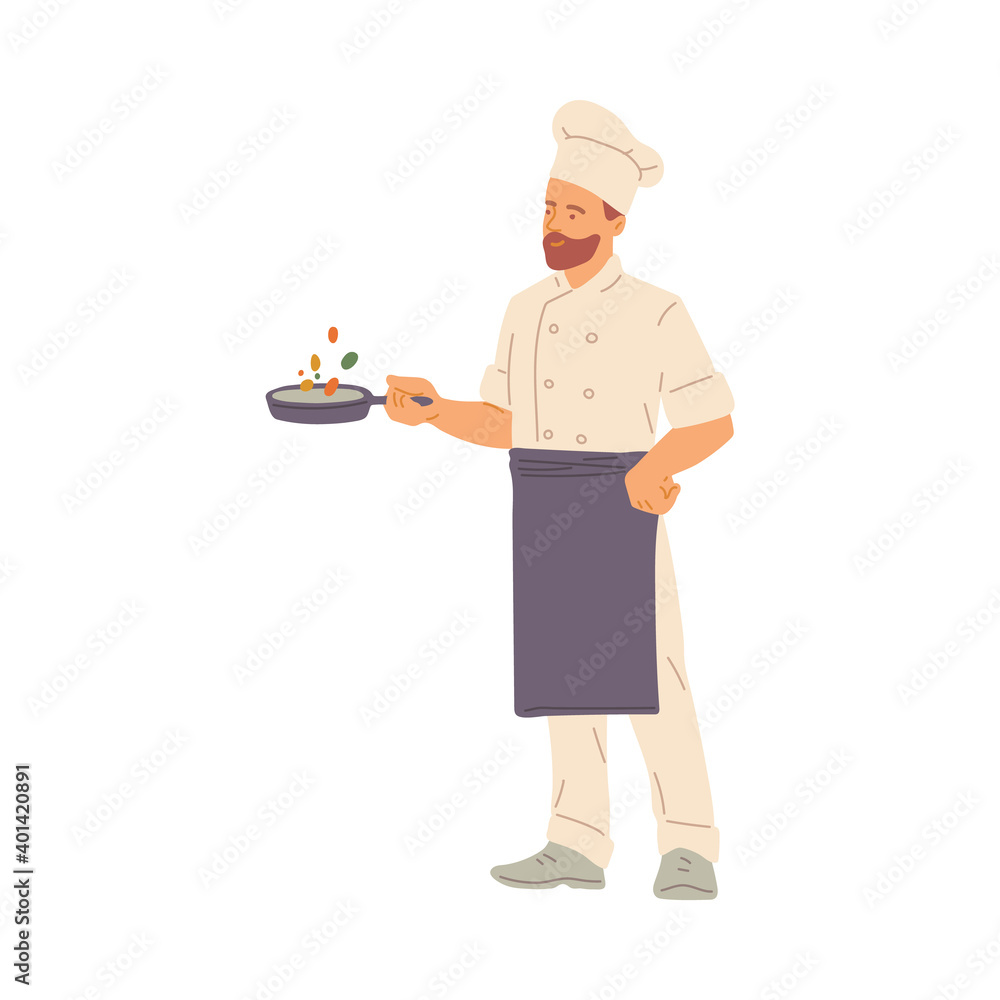 Bearded man chef cook stands with pan in hands flat vector illustration isolated. Bearded man chef cook stands with pan in hands flat vector illustration isolated.