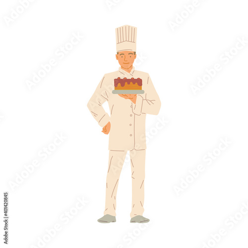 Professional cooking chef confectioner hold cake in hand a vector illustration