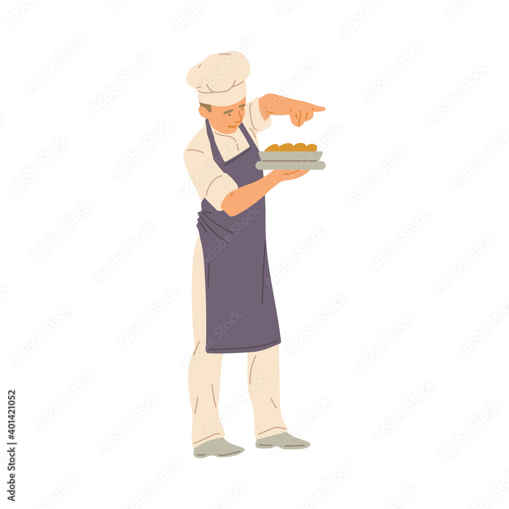 Professional chef man adding spices to a dish, flat vector illustration isolated. Professional chef man adding spices to a dish, flat vector illustration isolated.
