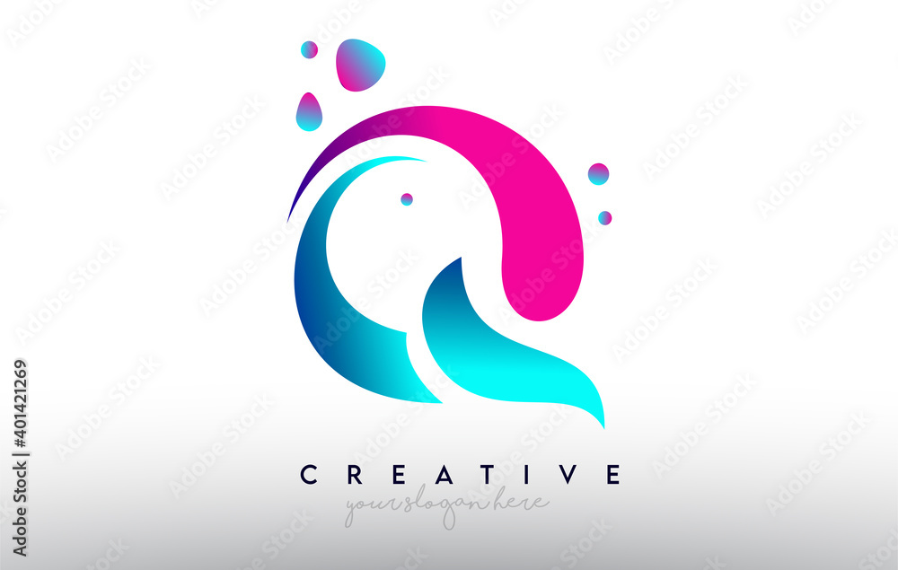 Q Letter Design Logo. Rainbow Bubble Gum Letter Colors with Dots and Fluid Colorful Creative Shapes