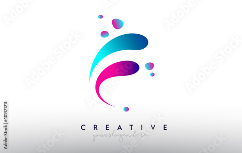 F Letter Design Logo. Rainbow Bubble Gum Letter Colors with Dots and Fluid Colorful Creative Shapes