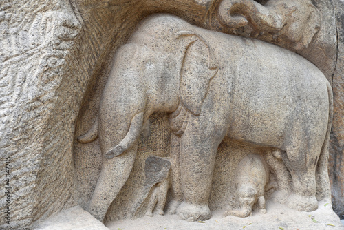 Eléphant sculpté au parc archéologique de Mallabapuram en Inde du Sud