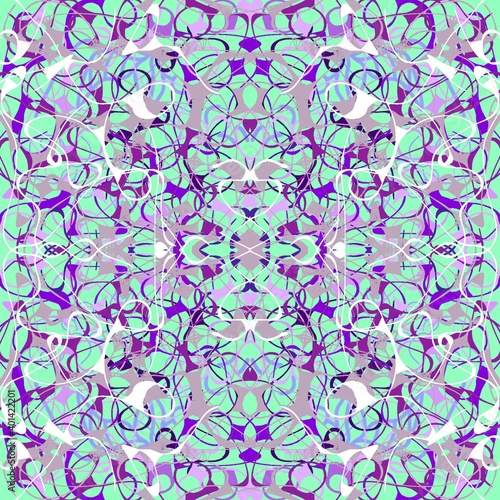 A pattern of abstract bright elements on a light green background.