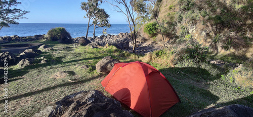 Campsite next to the Indian Ocean on the Reunion island, France, tropical Europe. photo