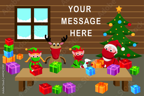 santa's workshop with christmas characters wearing face masks