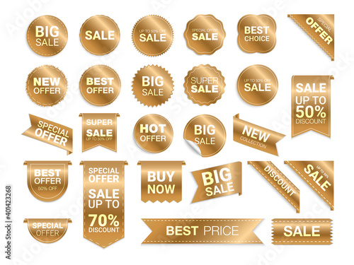 Vector gold labels isolated on white background. Sale promotion, website stickers, new offer badge collection. Flat badges discount and tags. Best choice tags. Vector illustration