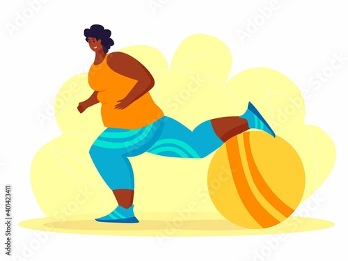 A young african american obese woman doing exercise. A girl working in sweat to get rid of belly fat. Obesity.