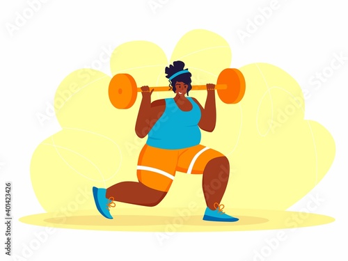 A young african american obese woman doing exercise. A girl working in sweat to get rid of belly fat. Obesity.