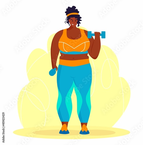 A young african american obese woman doing exercise. A girl working in sweat to get rid of belly fat. Obesity.