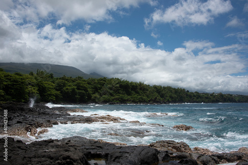 Volcanic shoreline landscape in the tropical Reunion island, more natural eastern region, France, Tropical Europe.