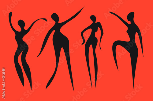 Abstract disproportionate black silhouettes of ladies drawn in primitive manner on orange background. 