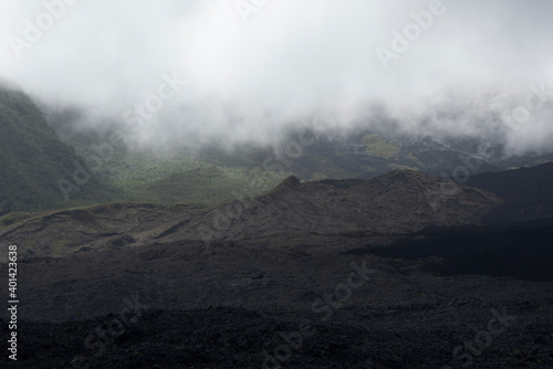 Volcanic landscape on the flanks of the Piton de la Fournaise in Réunion island, tropical active volcano, France.