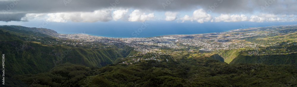 Panoramic view over Saint-Denis from Adam peak in Reunion Island, France.