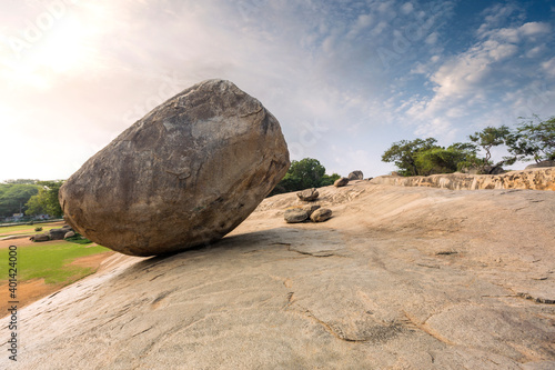 Krishna's butterball, the giant natural balancing rock in Mahabalipuram, Tamil Nadu, India photo