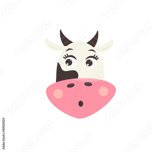 The face of a cute surprised cow. Children Farm animal character. Vector modern