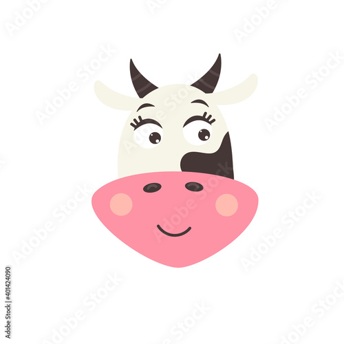 Head of a cute smiling cow. Children Farm animal character. Vector modern