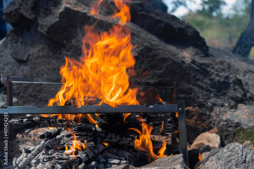 Close-up view of the fire, burning wood and empty grill