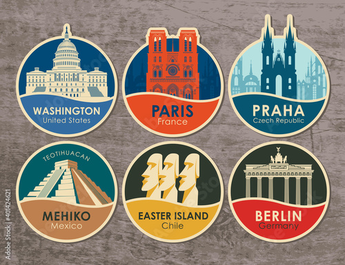 Set of stickers with the sights of the capitals of various countries. Vector illustration on travel theme with round emblems on a wooden background. USA, France, Czech Republic, Mexico, Chile, Germany